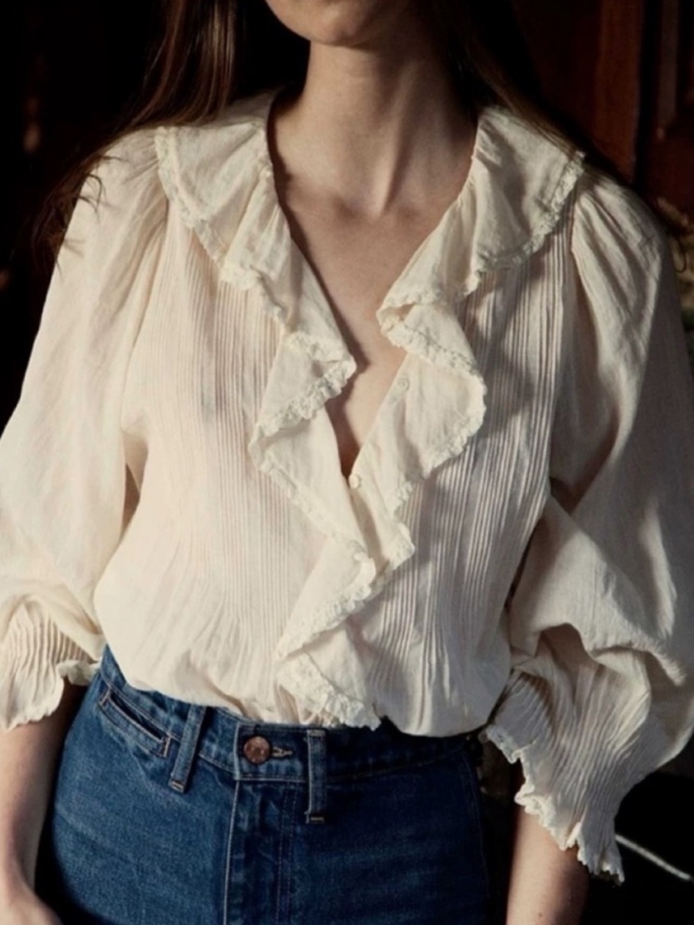 Doen Cream Ruffle Pintuck Blouse